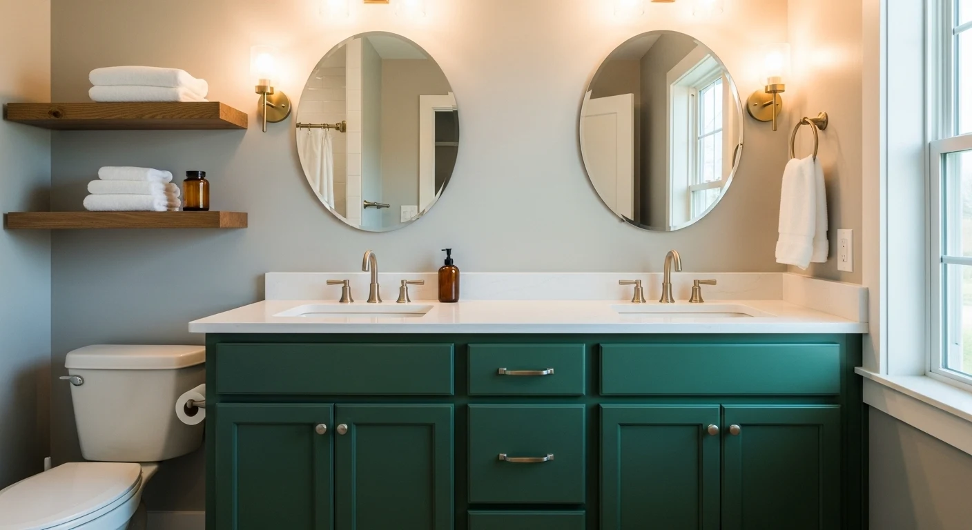 A bathroom featuring a 2026 color palette, with a striking forest green double vanity complemented by natural wood open shelving.