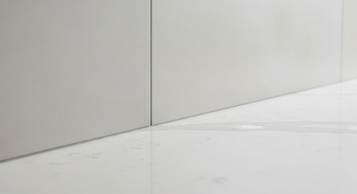 A detail shot of sustainable bathroom materials, showing a white quartz countertop with subtle veining and a wall covered in large format porcelain tiles with minimal grout lines.