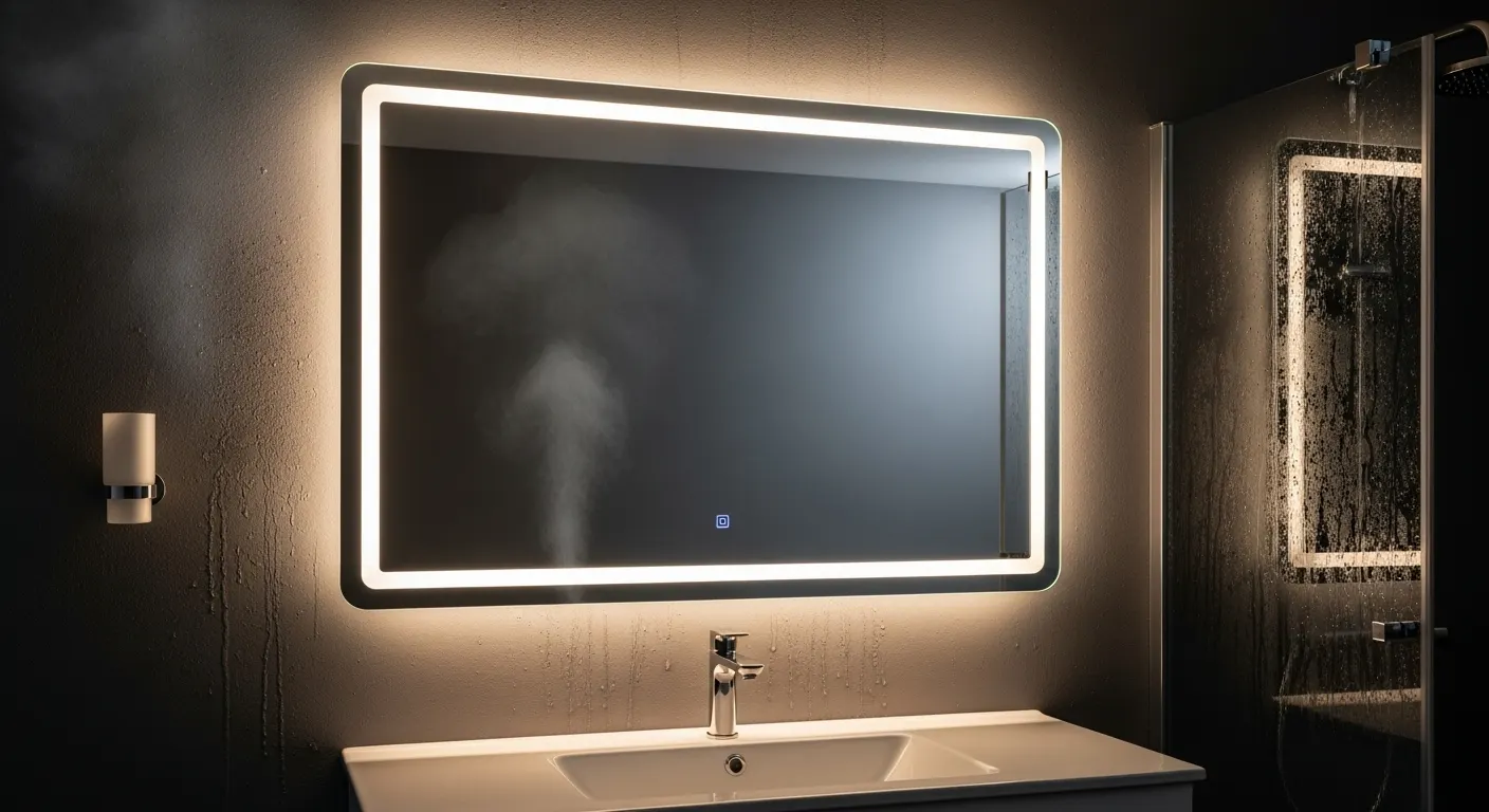 An example of practical smart technology for bathroom renovations 2026: a backlit, heated mirror remains perfectly clear in a steamy bathroom.