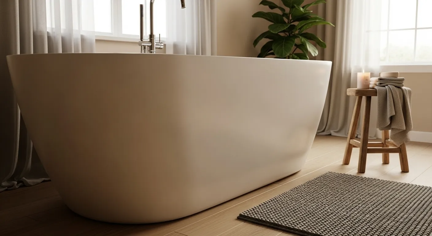 A deep soaking tub, a key wellness feature in modern bathroom renovations, ready for a relaxing bath in a serene setting.
