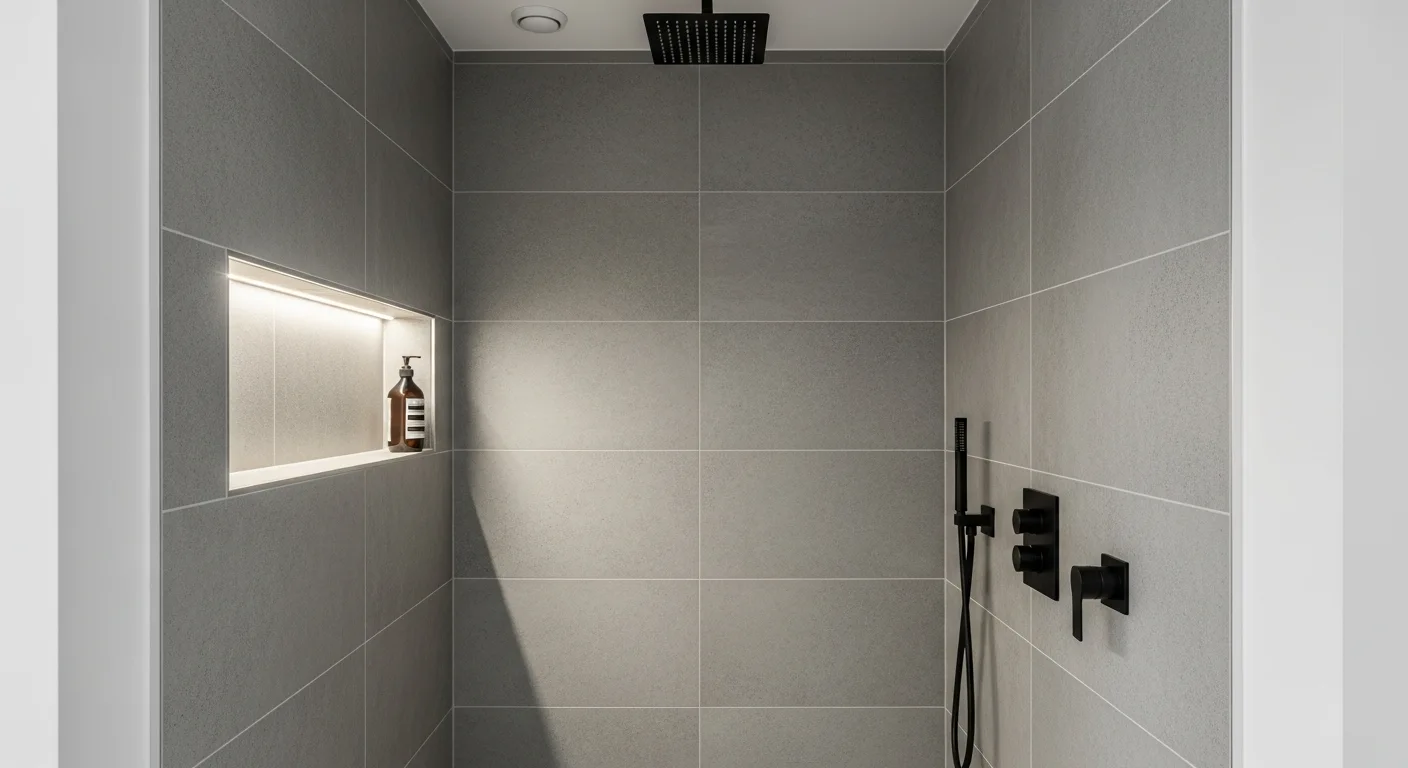 A modern shower design showcasing a key tile trend for 2026: massive, large format porcelain slabs that create a seamless look with very few grout lines.
