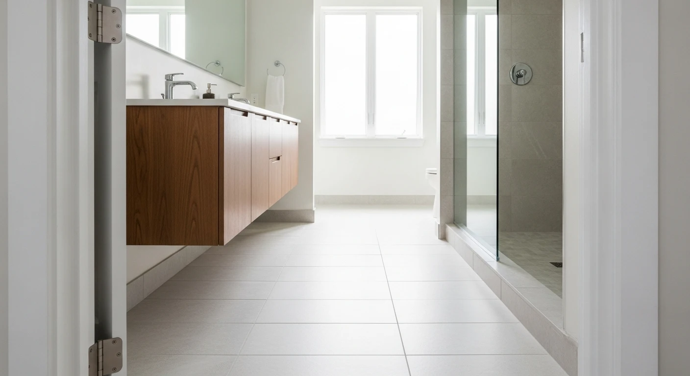 An innovative bathroom layout featuring a seamless curbless shower floor and a wall-mounted floating vanity to maximize the sense of space.