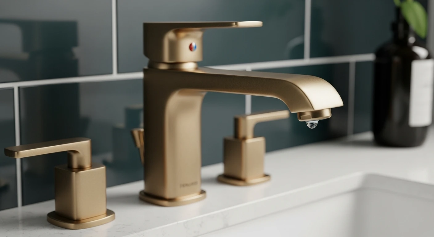 A close-up of a trendy bathroom fixture finish for 2026: a beautiful champagne bronze faucet mounted over a white vessel sink.
