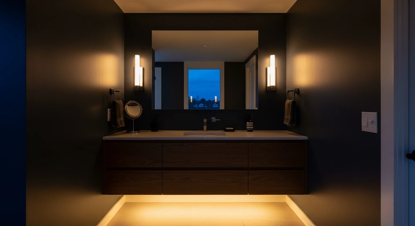 An example of a smart layered lighting scheme in a bathroom, with vertical sconces beside the mirror for task lighting and accent lighting under the floating vanity.