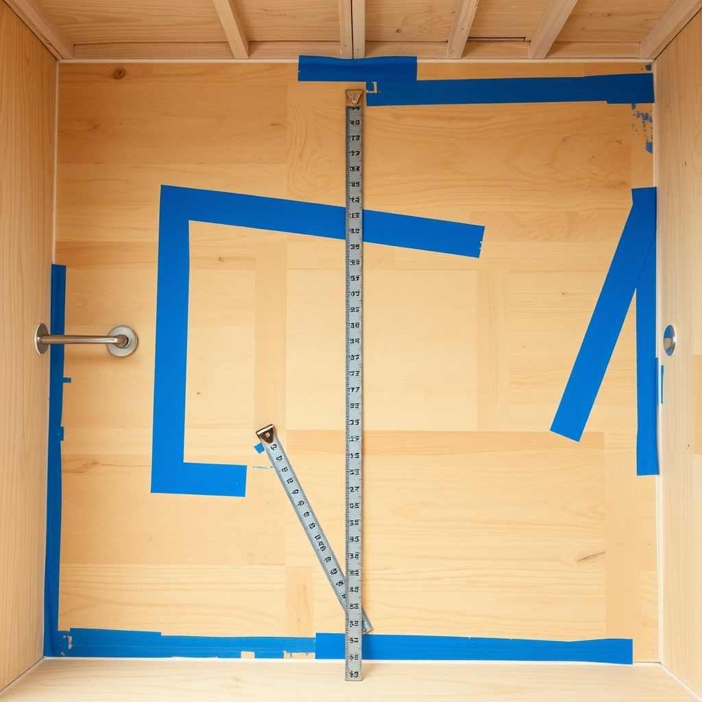 A top-down view of a plywood subfloor in a 10x10 room with blue tape marking the future locations of a double vanity and shower.