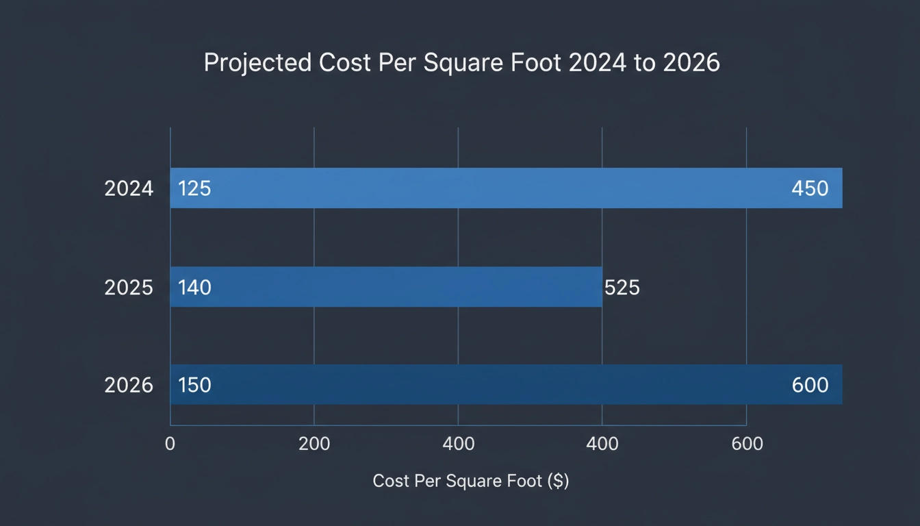 A line chart titled "Projected Cost Per Square Foot 2024 to 2026" showing data for 2024: 125 to 450.