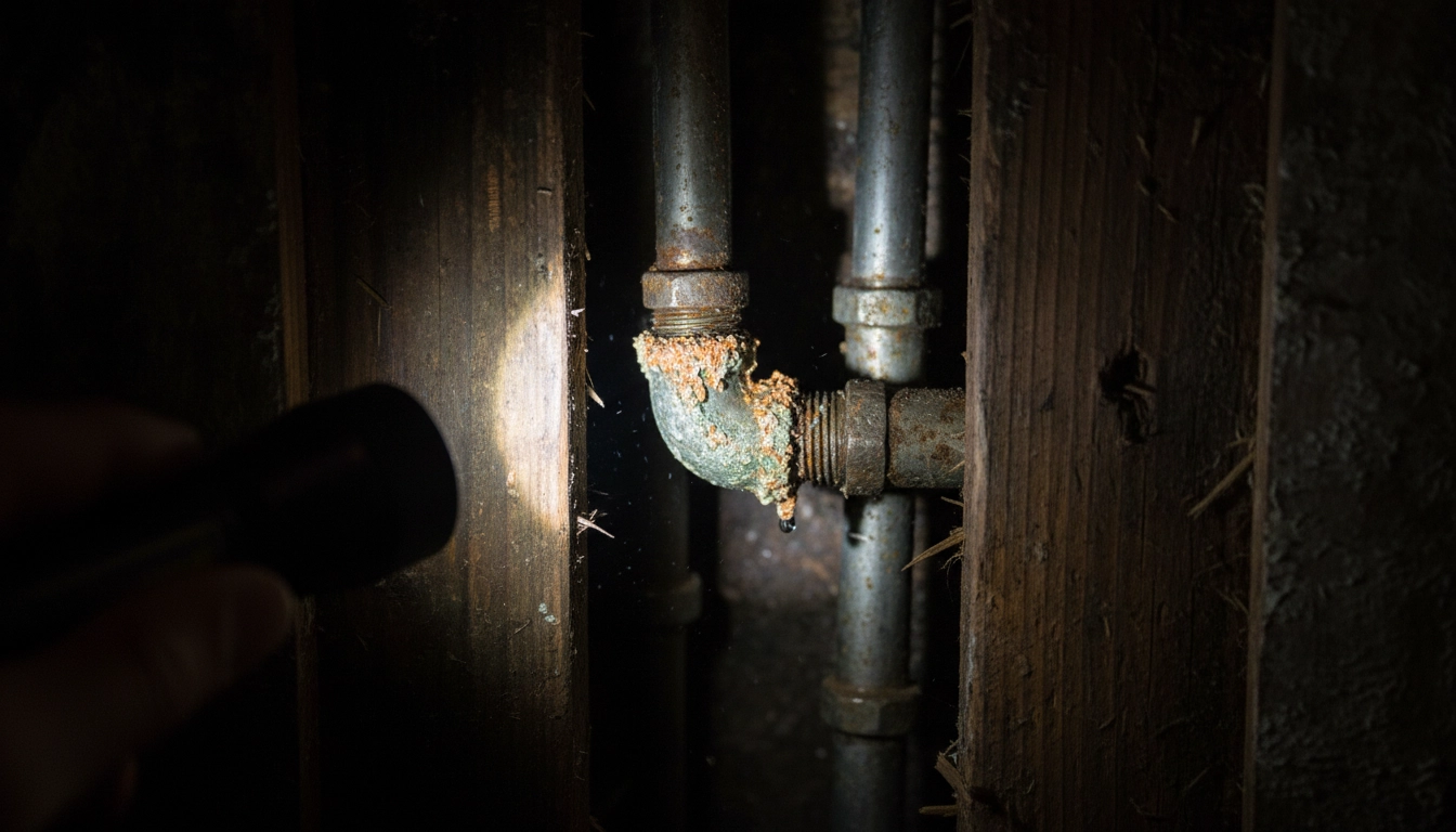 A close-up of a contractor's hand pointing at corroded galvanized pipes inside an open bathroom wall during a 10x10 bathroom remodel cost evaluation.