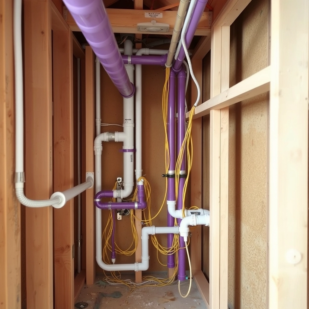 A dense network of PVC drain pipes and electrical Romex wiring inside a bathroom wall before the drywall is installed.