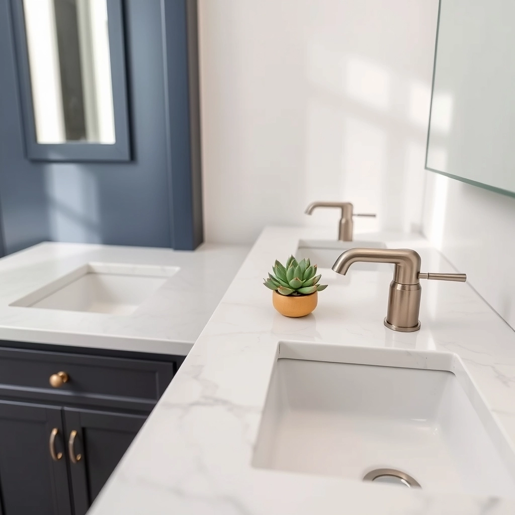 A clean, modern double vanity with a white quartz countertop and brushed nickel faucets, representing a midrange 10x10 bathroom remodel cost tier.