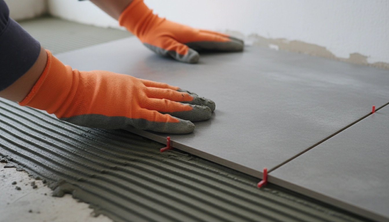 A professional tiler using spacers to perfectly align a large 12x24 inch grey porcelain tile on a bathroom wall.