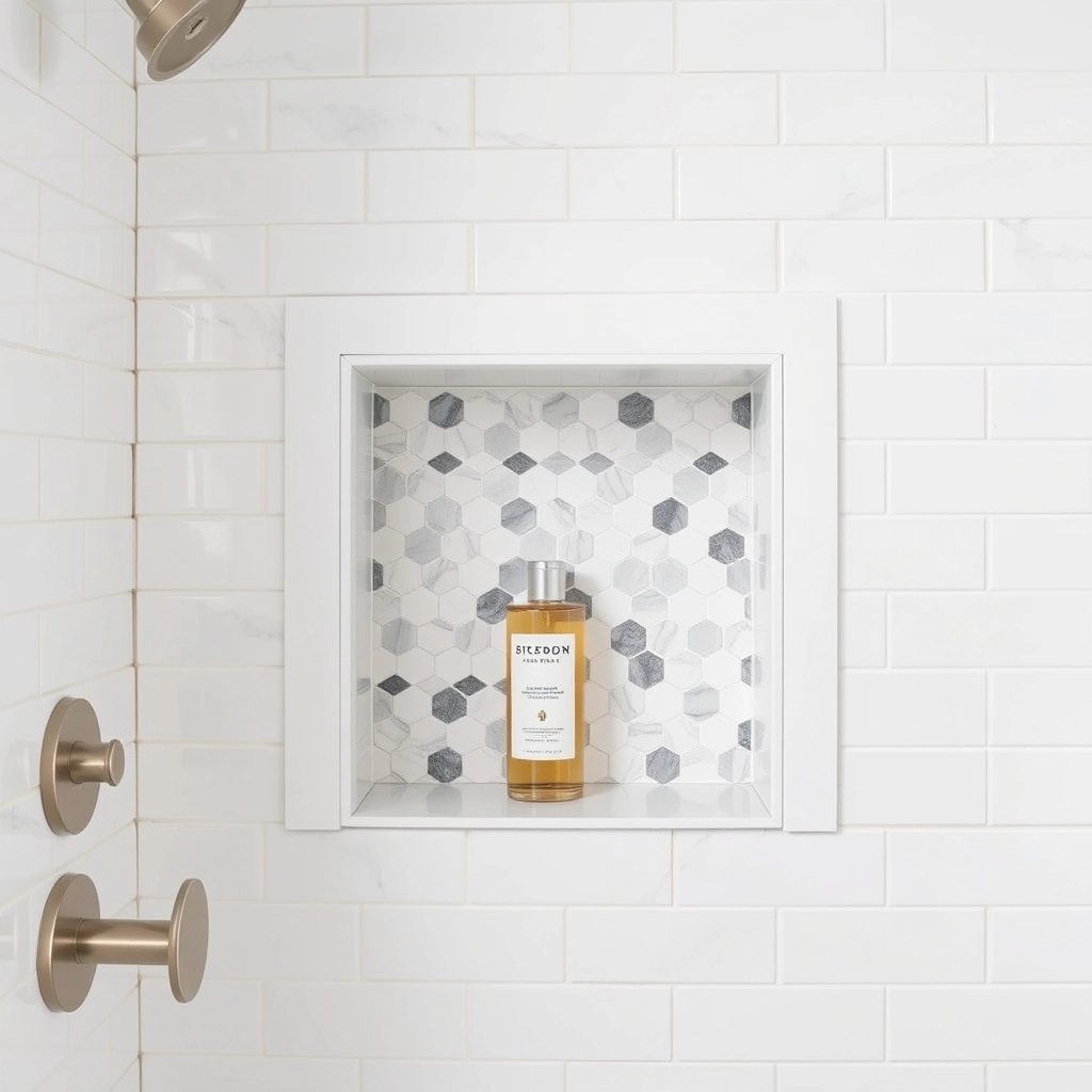 A bathroom shower wall featuring affordable white subway tile with a small, decorative marble mosaic inset niche for shampoo.