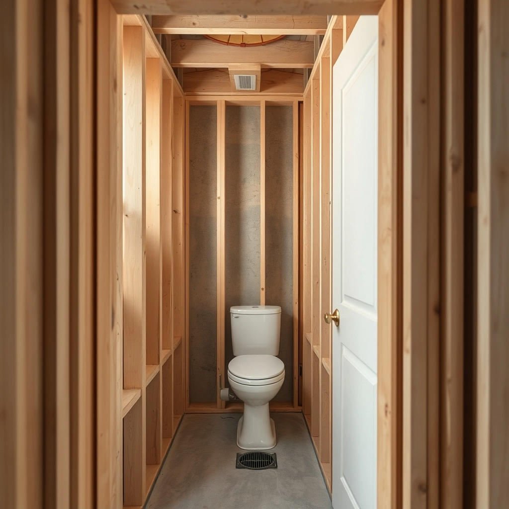 A tight 5x10 bathroom layout showing the proximity of the toilet, vanity, and shower drain along one wall.