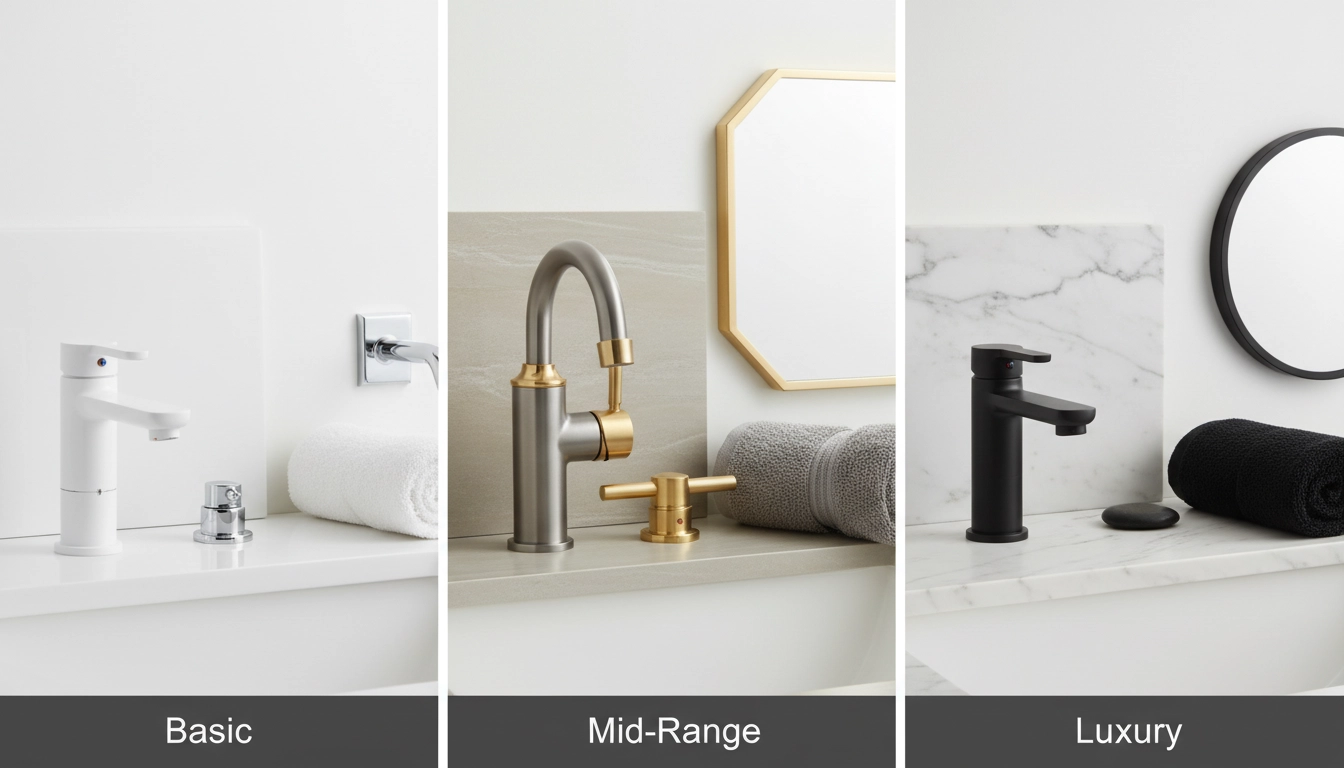 Three different levels of bathroom finishes, from basic ceramic to luxury natural stone, to illustrate 5x10 Bathroom Remodel Cost tiers.