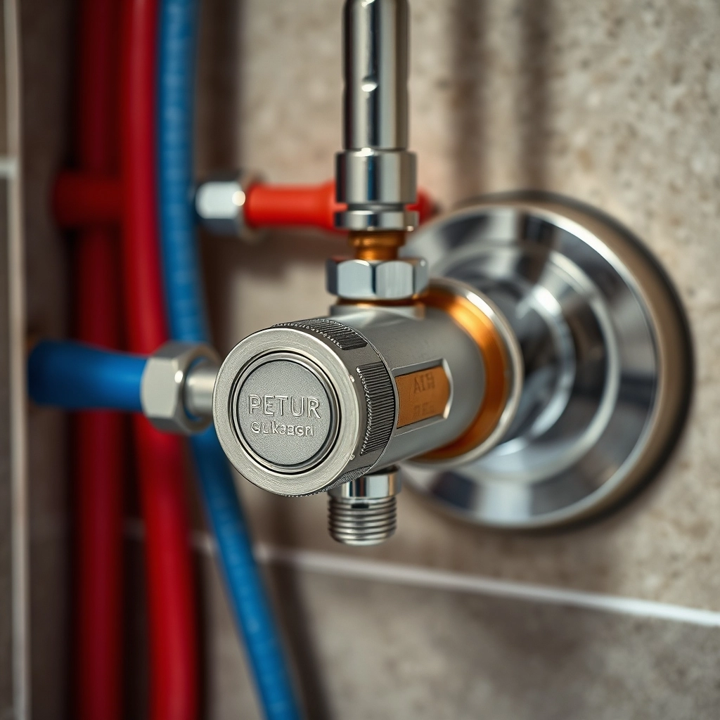 Blue and red PEX piping and a modern shower mixing valve installed behind open wall studs in a bathroom.