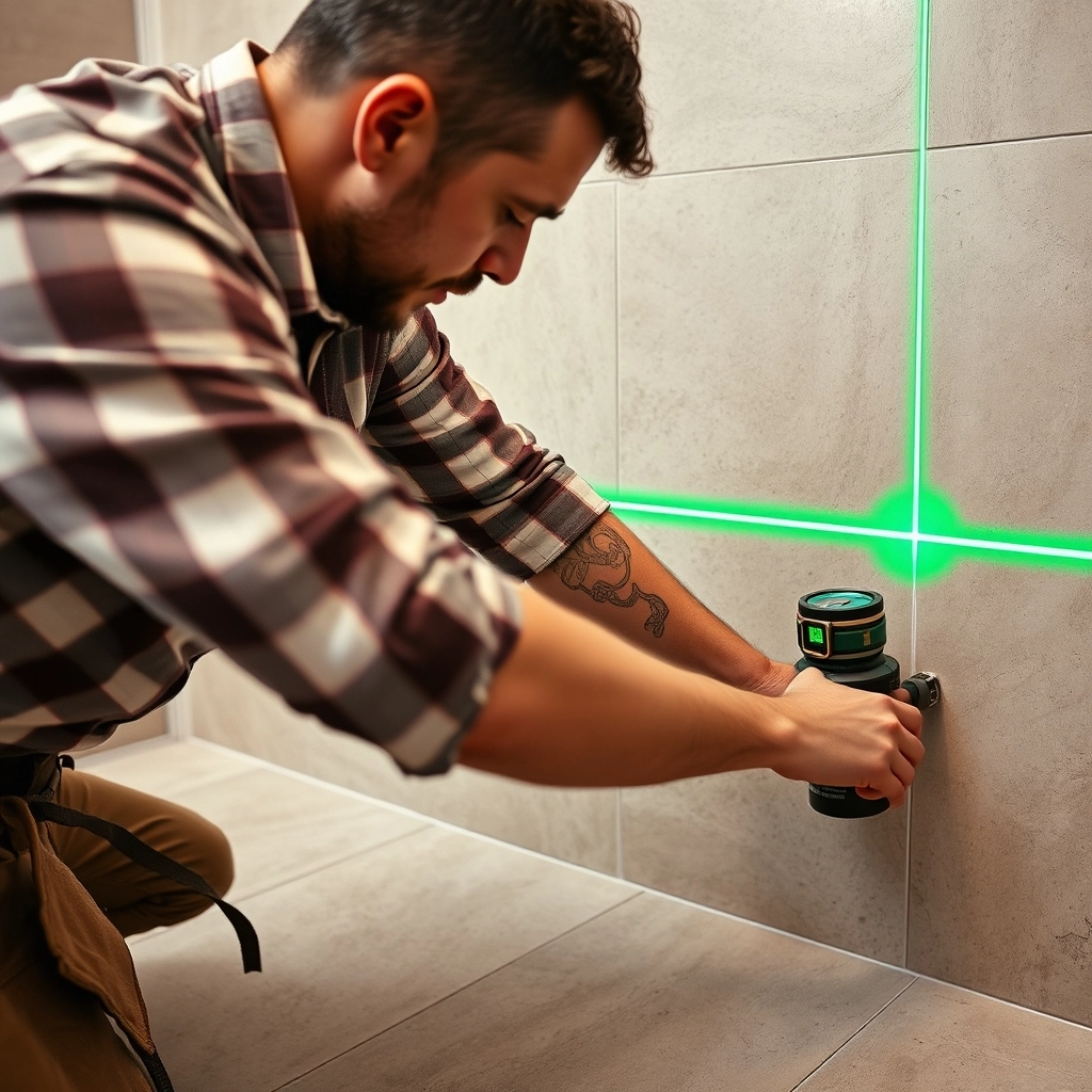 A professional contractor using a laser level to ensure perfect tile alignment in a 5x10 bathroom.