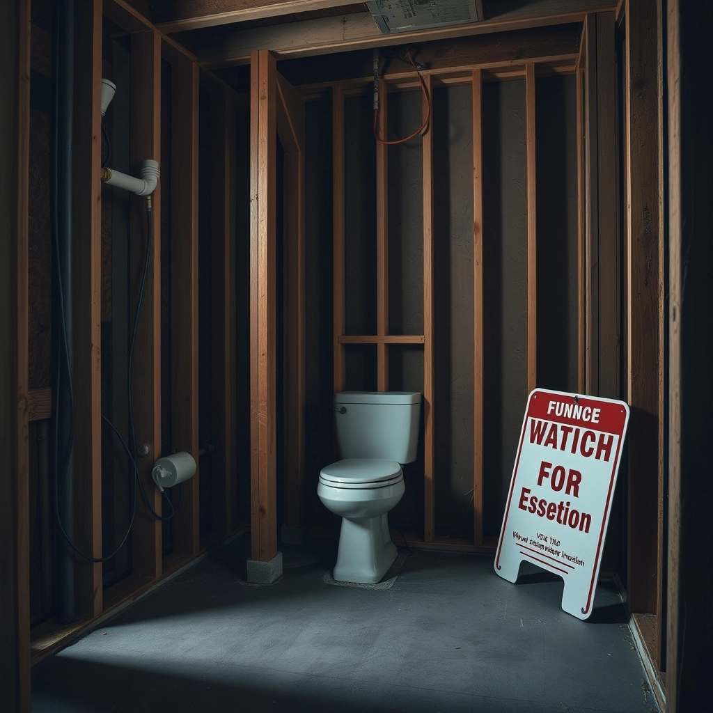 A 5x10 bathroom fully demolished down to the wooden studs and subfloor to reveal the "bones" of the house.