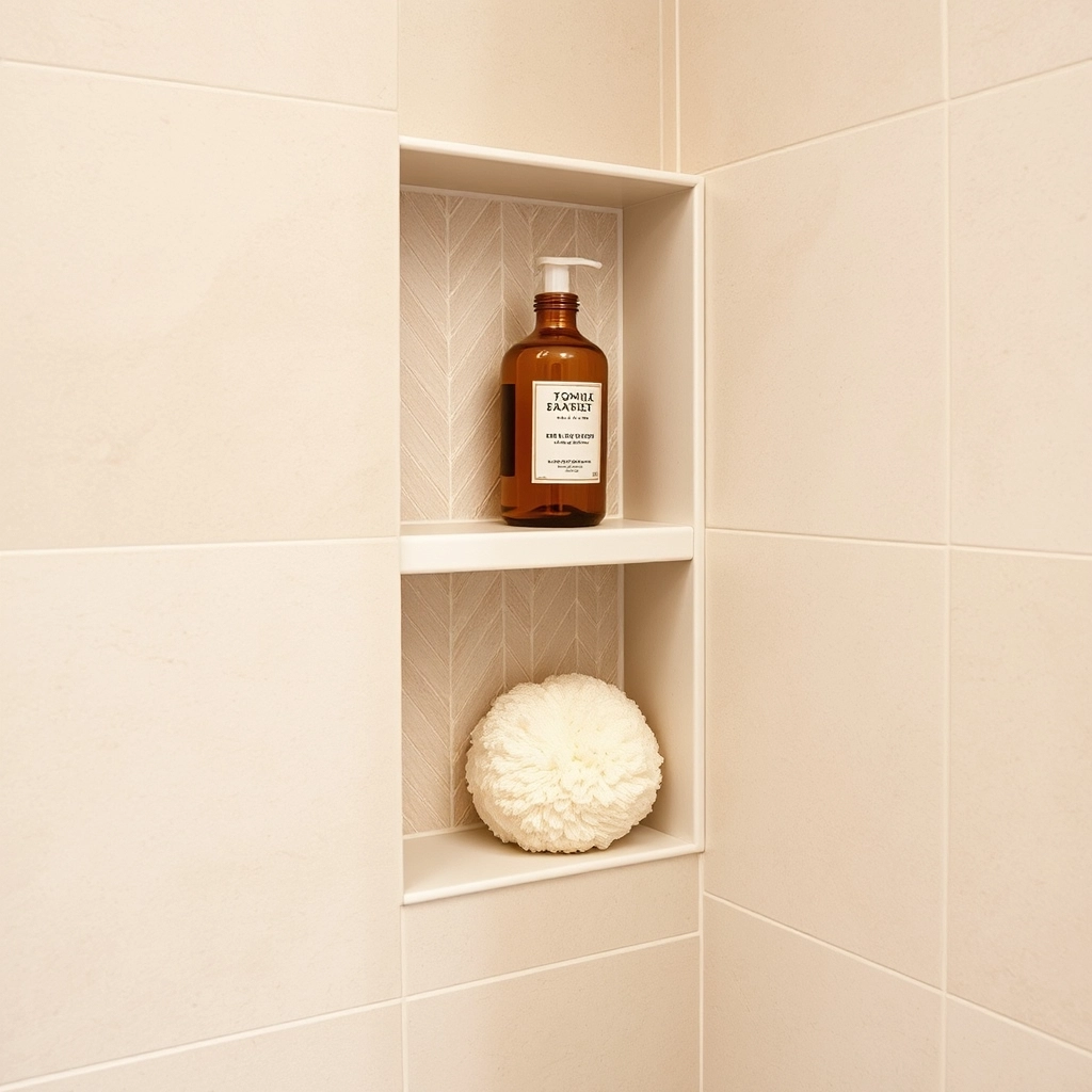 A built-in recessed wall niche in a 6x8 Bathroom Design for organized storage.