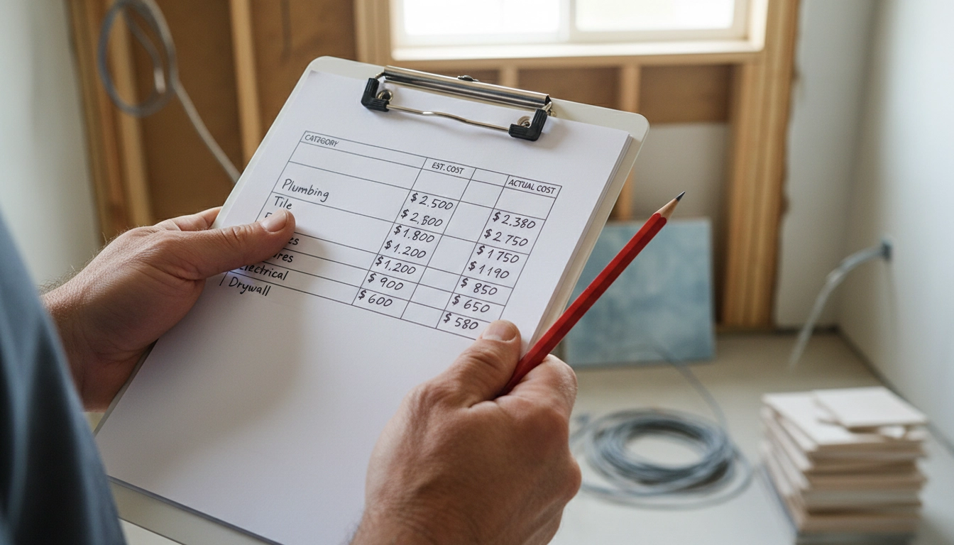 A person holding a clipboard with a budget sheet inside a 6x8 Bathroom Design.