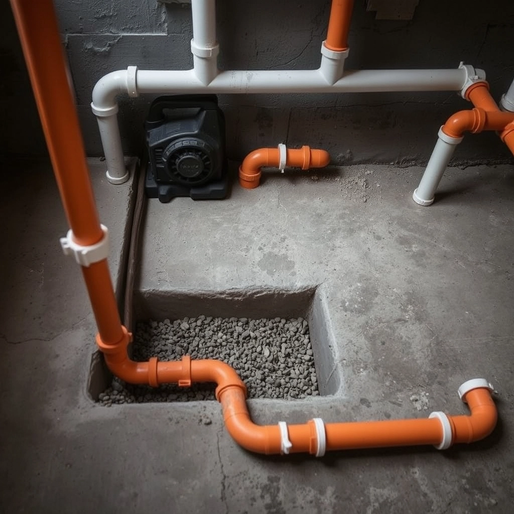 PVC plumbing pipes installed in a cut-out concrete floor for a basement bathroom project.