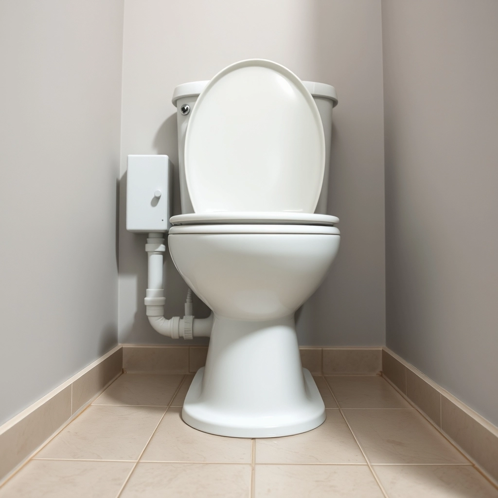 A modern white toilet with a macerating pump unit installed behind it, a key part of smart Basement Bathroom Ideas.