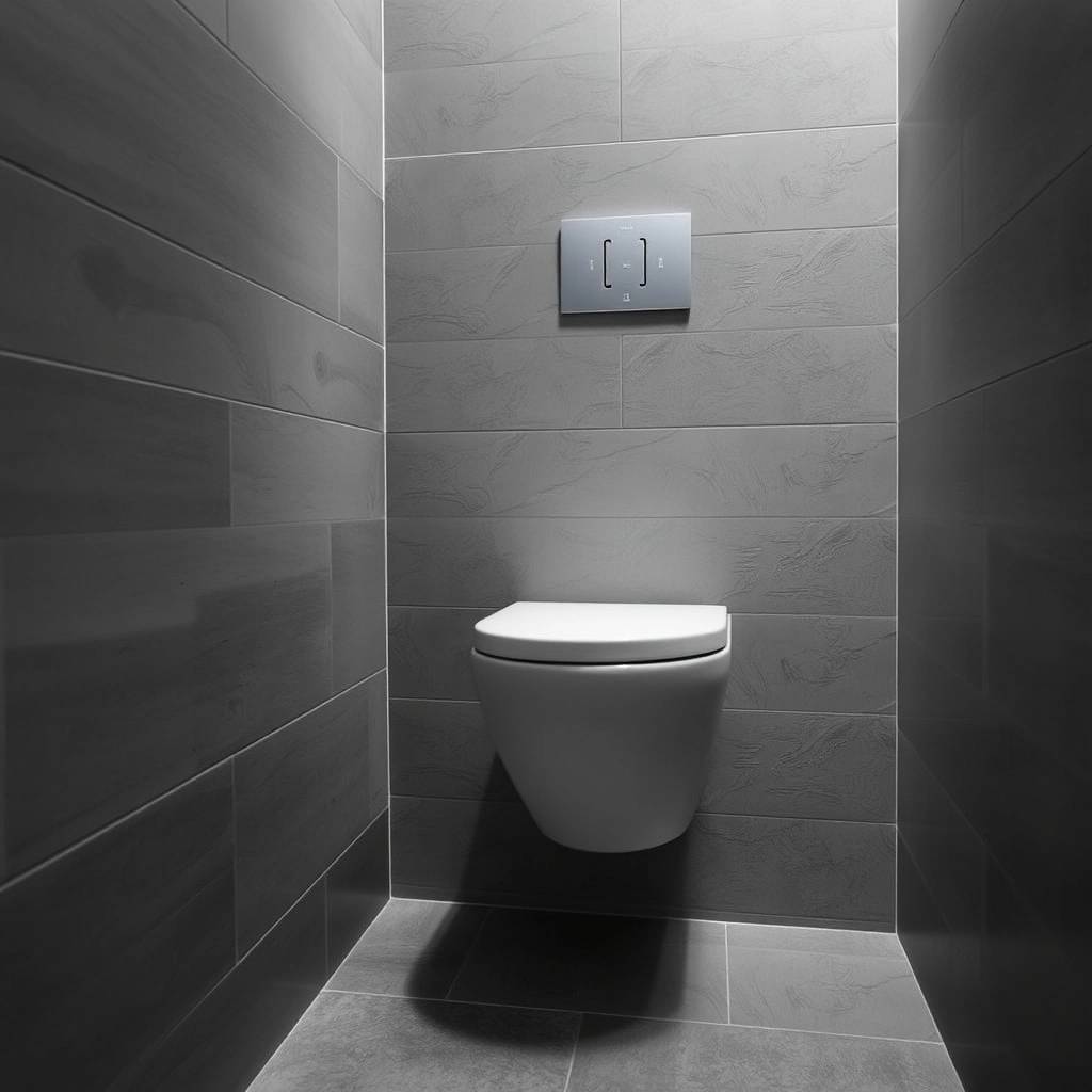 A sleek wall-mounted toilet in a compact basement bathroom with continuous floor-to-wall tiling.