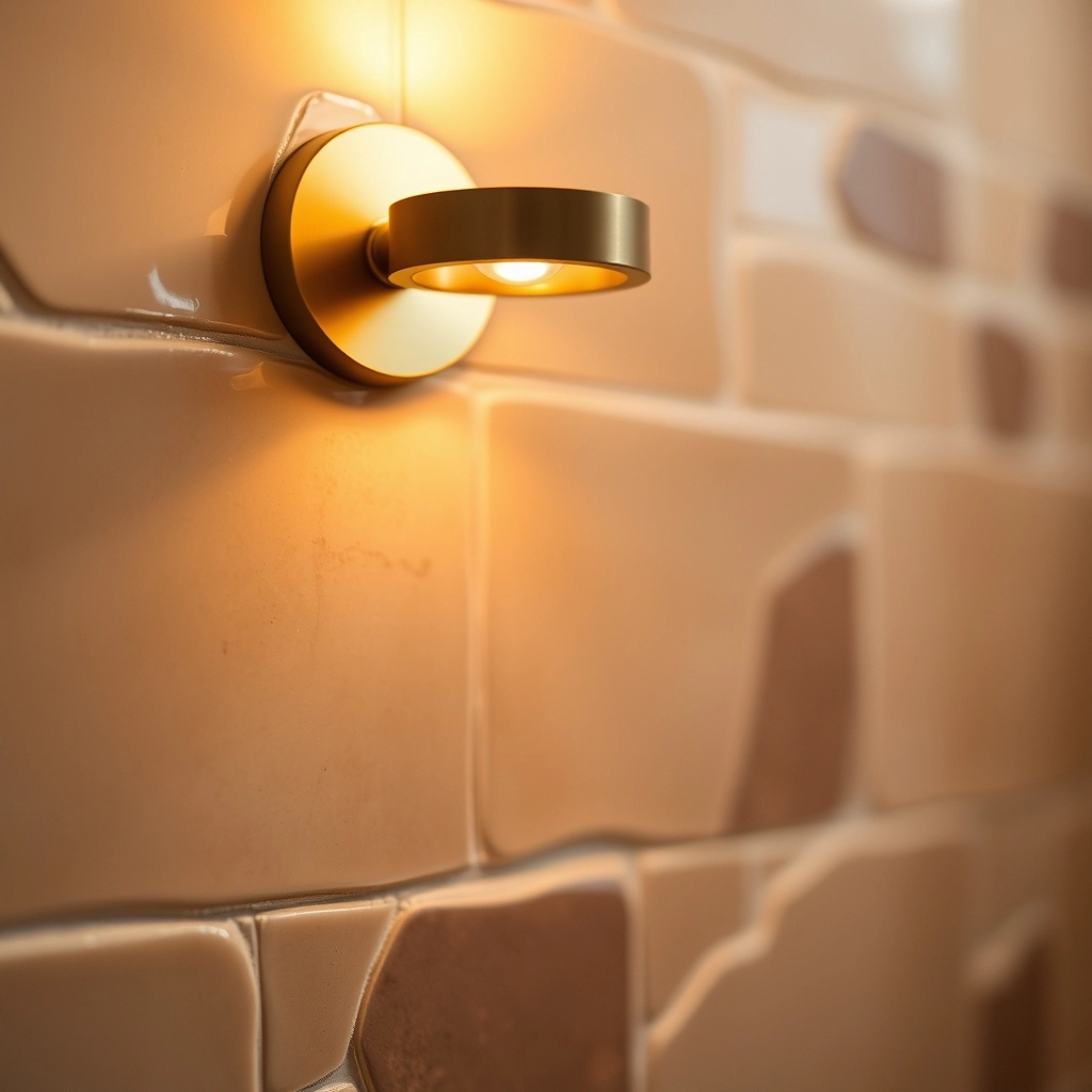 A warm wall sconce illuminating glossy, uneven zellige tiles in a stylish basement bathroom.