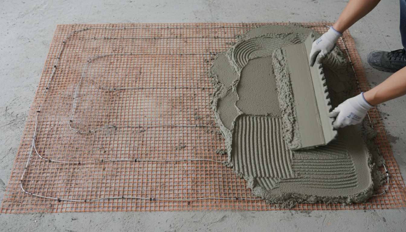 An orange electric radiant floor heating mat being laid over a concrete basement floor.