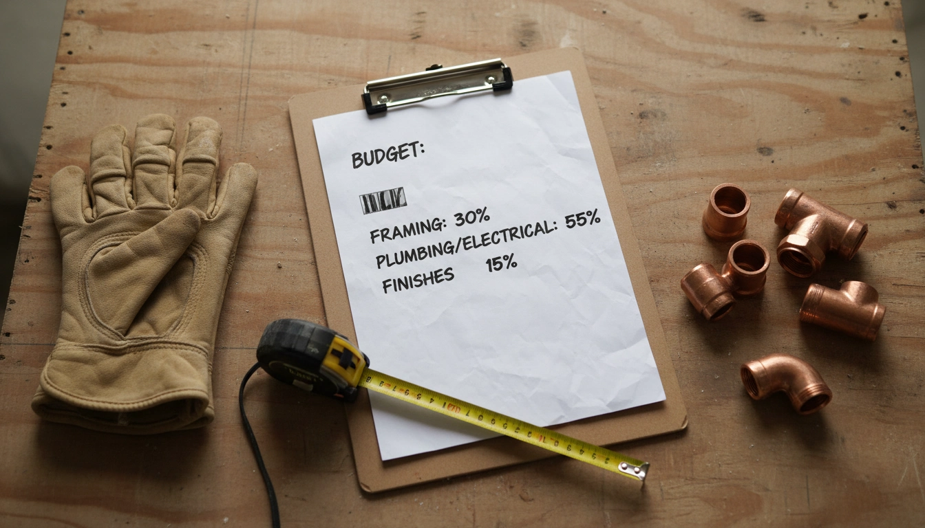A contractor's clipboard with budget notes resting next to copper pipes and a wrench.