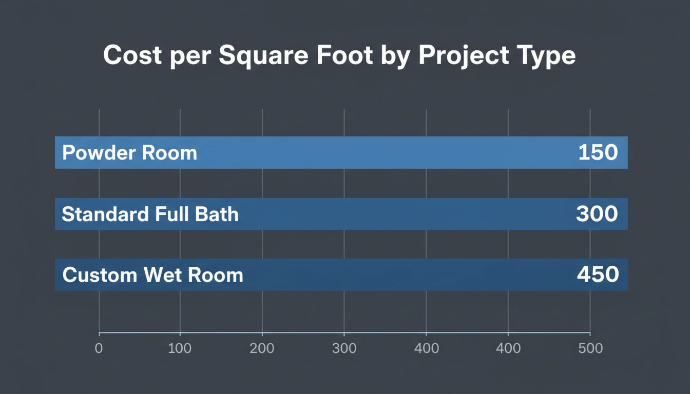 A bar chart titled "Cost per Square Foot by Project Type" showing data for Powder Room: 150.