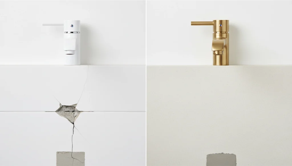 A side-by-side comparison of a basic ceramic tile and a premium porcelain tile for a bath remodel.