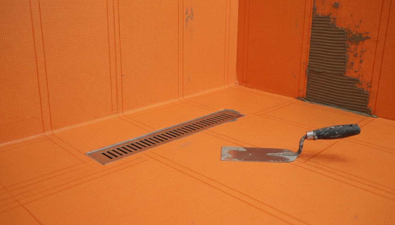 A walk-in shower under construction showing the bright orange waterproofing membrane and a linear drain.