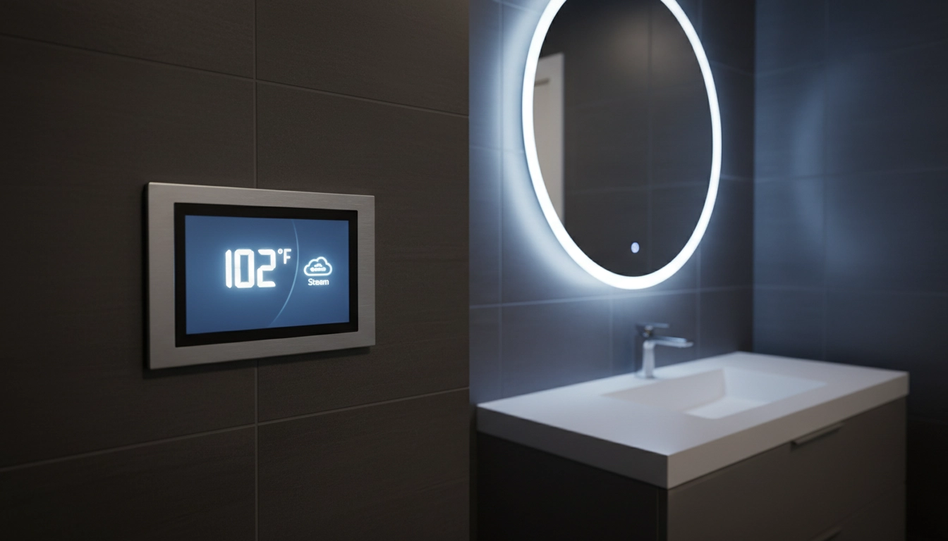 A luxury primary bathroom featuring a backlit mirror and a digital shower control panel.