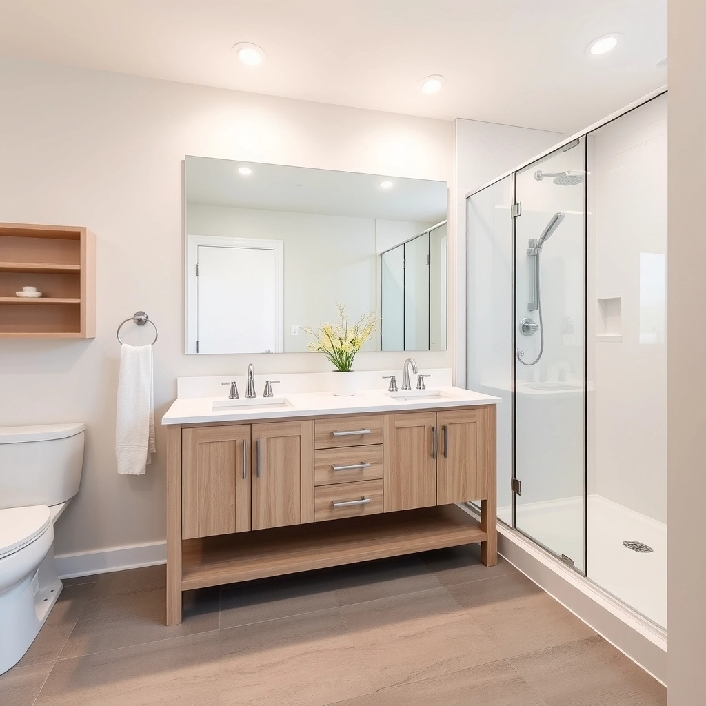 A clean, modern bathroom with a double vanity and neutral porcelain tiling that offers high resale value.