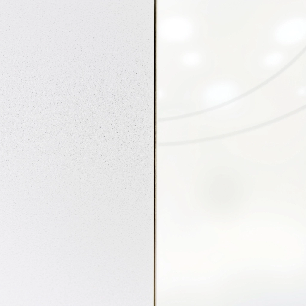 A split view showing a textured matte porcelain tile and a smooth glossy ceramic tile to illustrate bathroom floor tile ideas for safety.