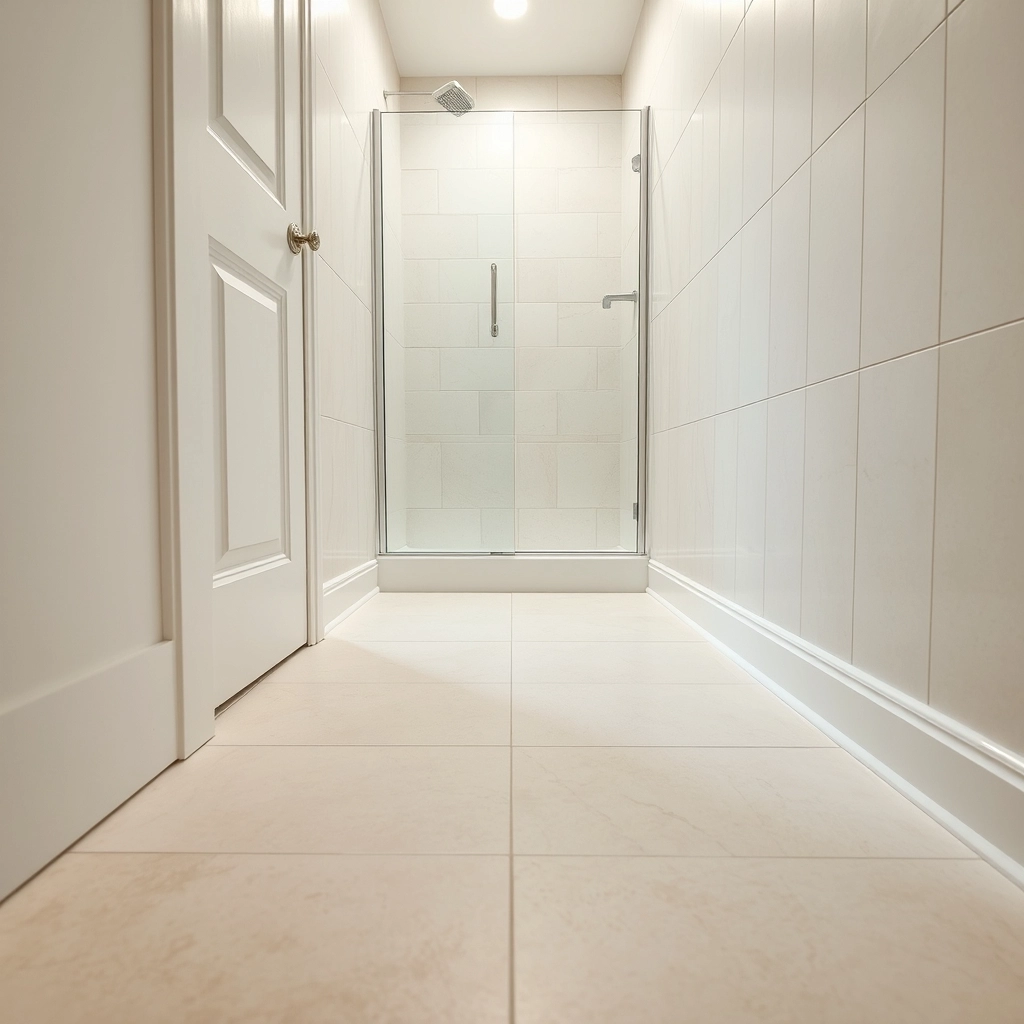 A small modern bathroom featuring large 24x24 inch floor tiles that make the space appear larger.