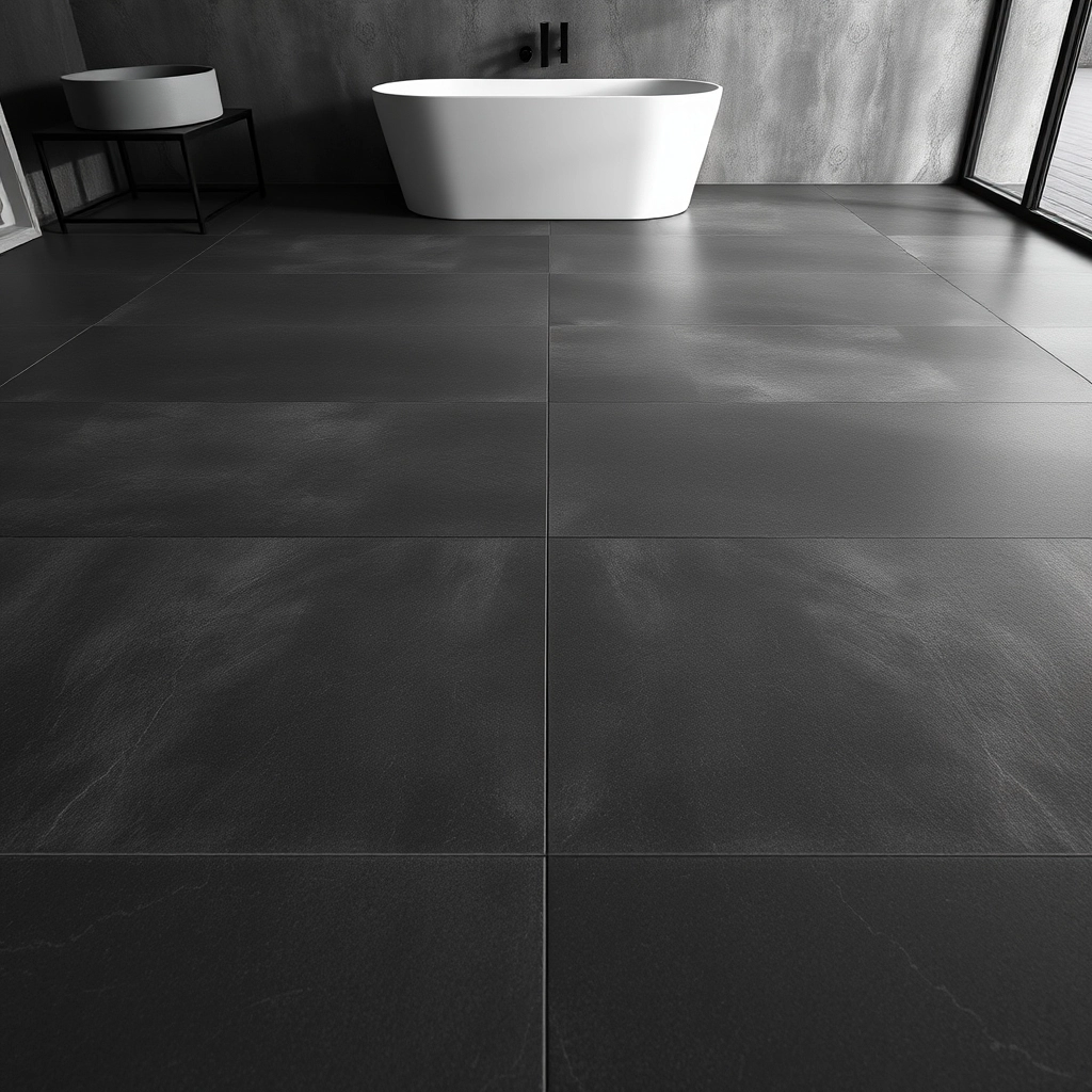 Massive 24x48 inch porcelain floor tiles in a minimalist bathroom with very few grout lines.