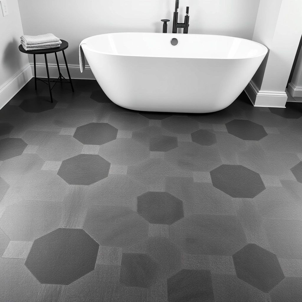 Large-scale hexagon tiles in a dark slate grey used for a modern bathroom floor design.