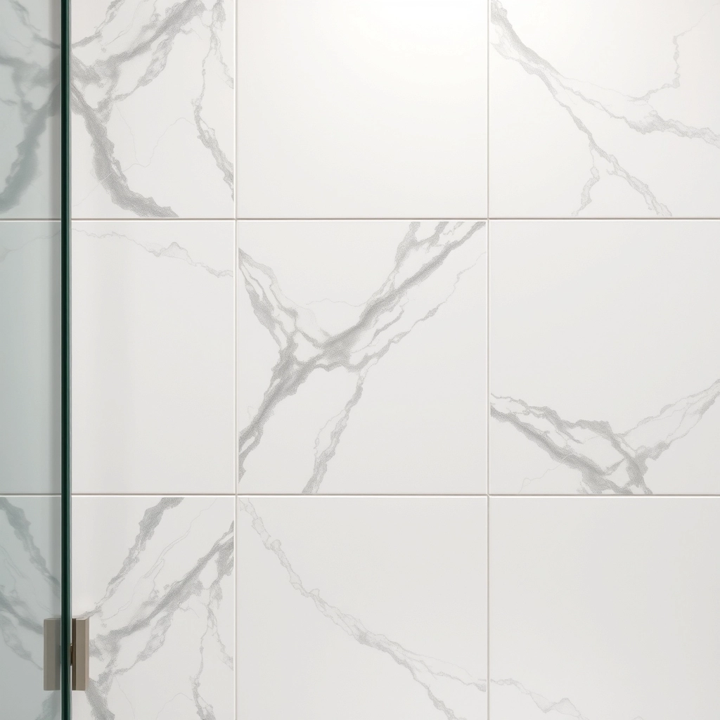 Porcelain floor tiles with realistic marble veining and a soft satin finish.