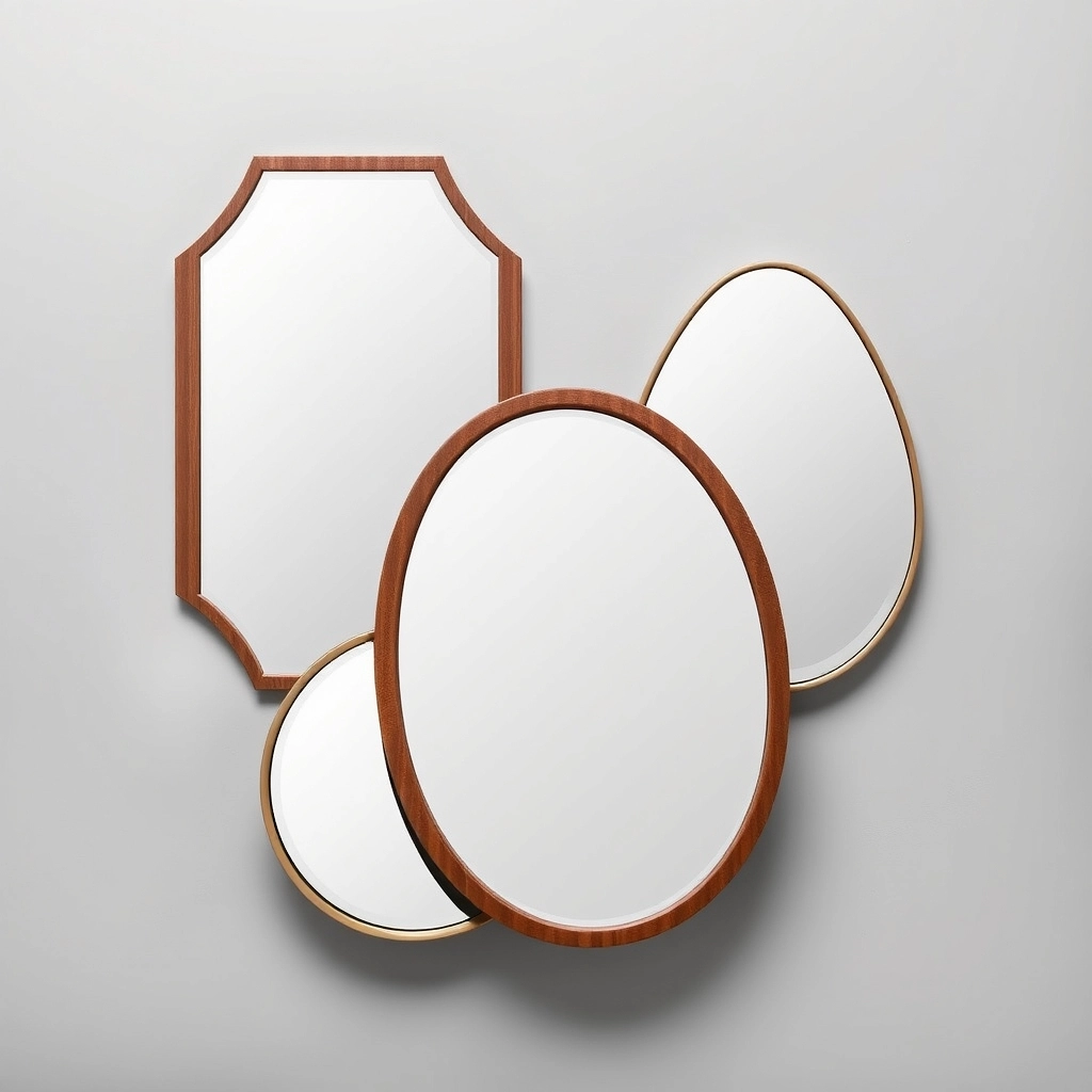 A collection of retro-inspired mirror shapes including geometric Art Deco and tapered Mid-Century frames.