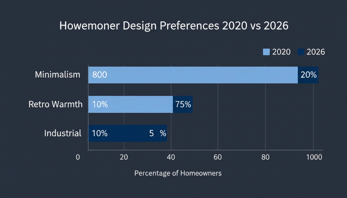 A bar chart titled "Homeowner Design Preferences 2020 vs 2026" showing data for Minimalism: 2020-80 percent,  Retro Warmth: 2020-10 percent,  Industrial: 2020-10 percent.