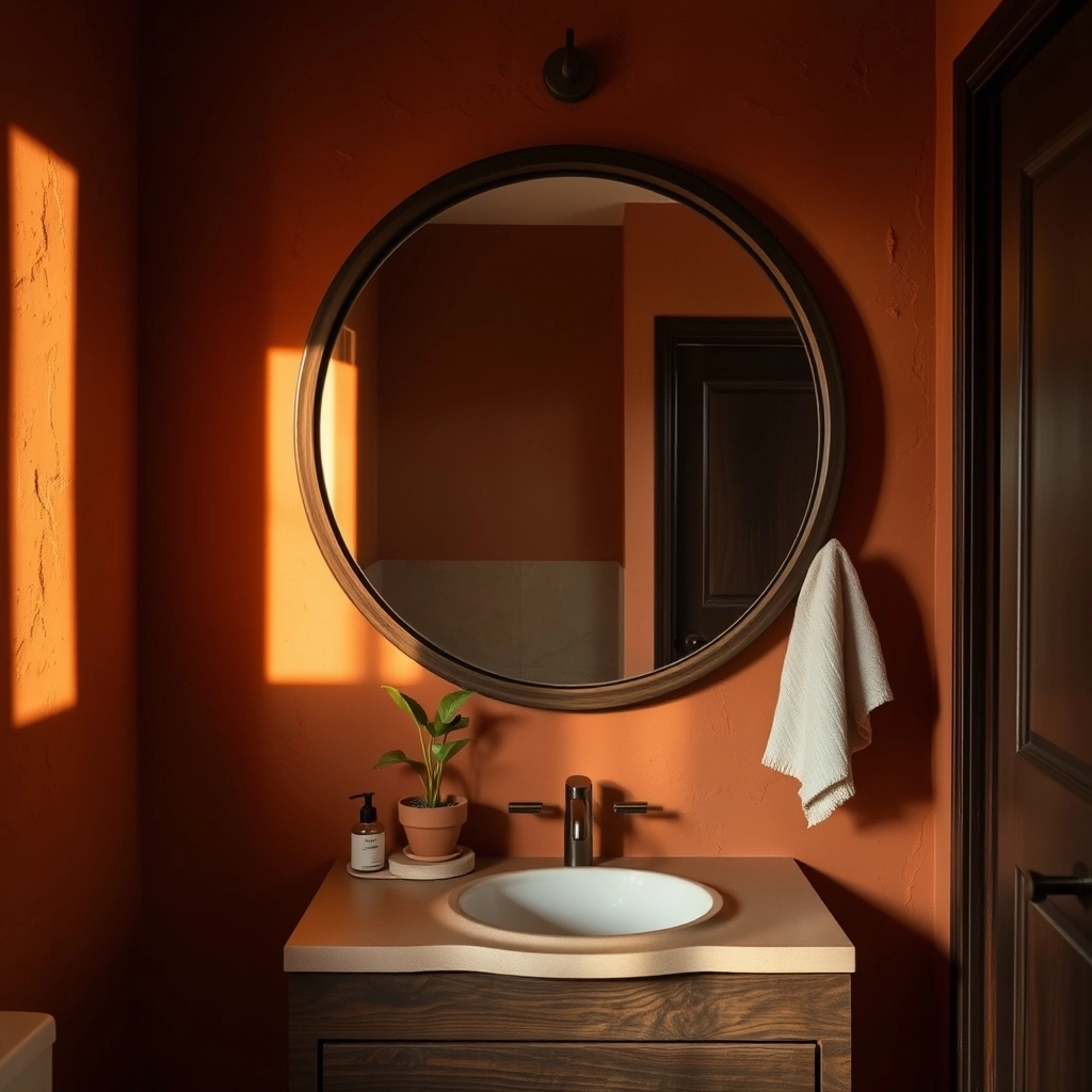 A warm bathroom interior featuring a large retro mirror and textured wall finishes.