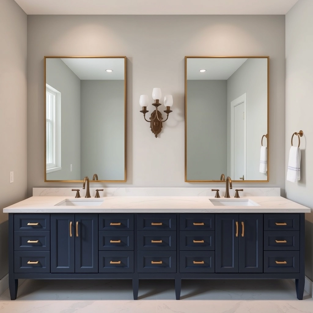 Two vertical oval mirrors with thin bronze frames installed over a double vanity.