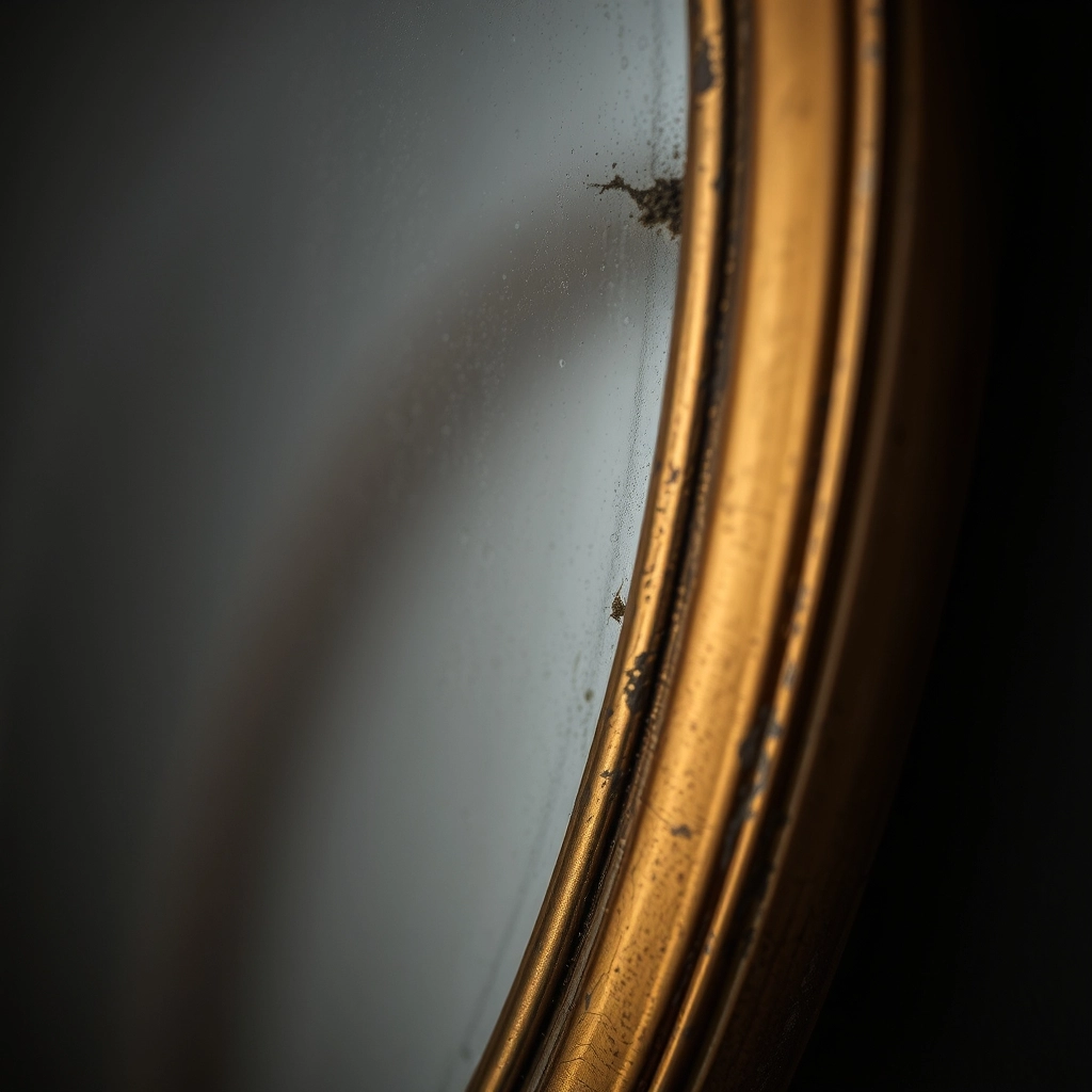Macro detail of foxed mirror glass with dark antiqued spots and a weathered brass frame.