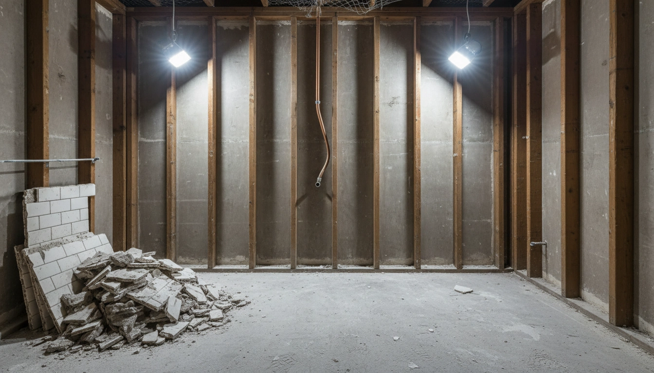 A bathroom stripped to the wall studs during a full renovation, illustrating the scope for a bathroom remodel cost calculator.
