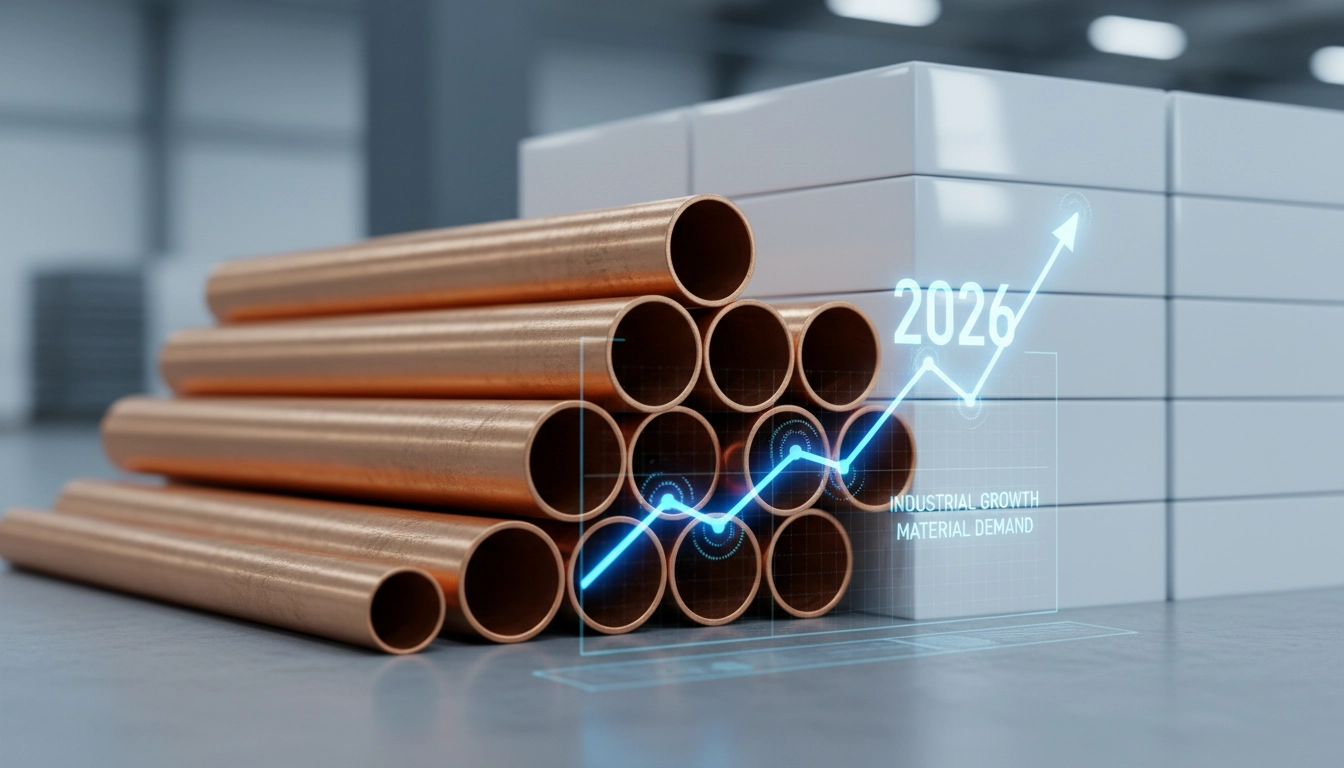 A stack of copper plumbing pipes and ceramic tiles with a translucent financial growth chart overlay showing 2026 price trends.