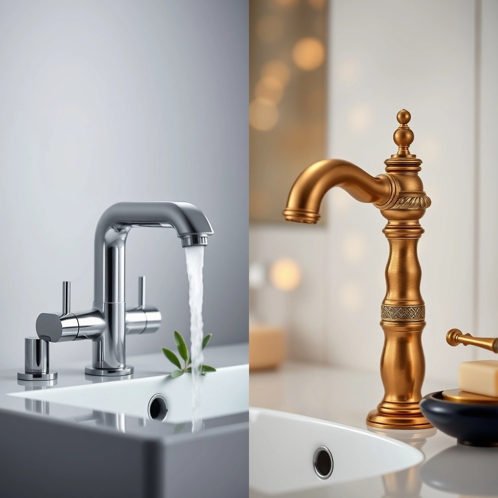 A side-by-side comparison of a standard chrome builder-grade faucet and a high-end brushed gold designer faucet.