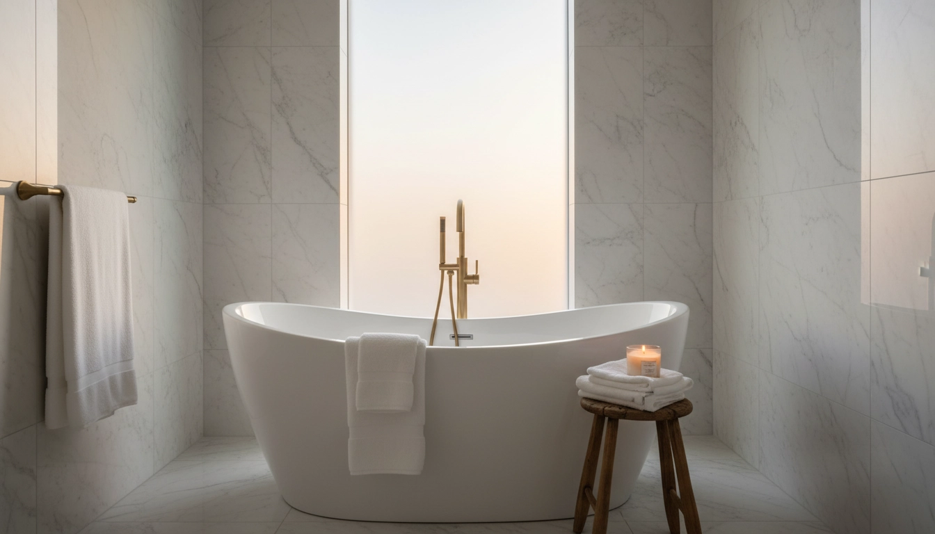 A high-end luxury bathroom featuring custom stone and a freestanding tub, representing the top tier of a bathroom remodel cost calculator.