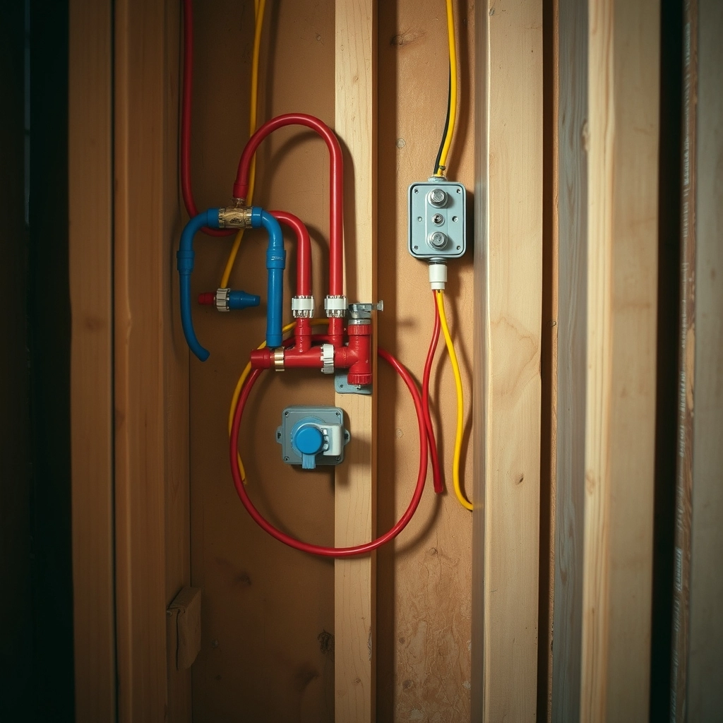A close-up of a small bathroom wall with open drywall, revealing a complex network of blue and red PEX pipes and electrical wiring.