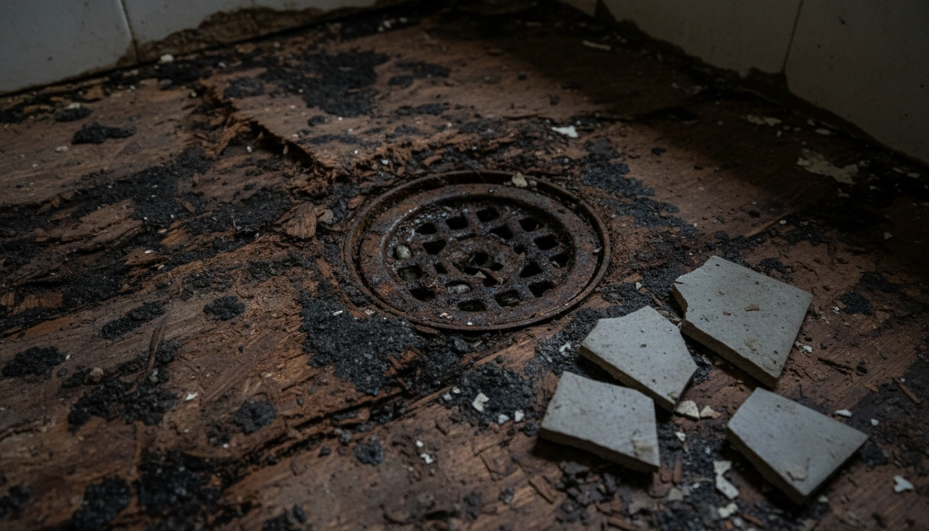 Rotted wood subfloor discovered during a renovation, a hidden cost often missed by a basic bathroom remodel cost calculator.