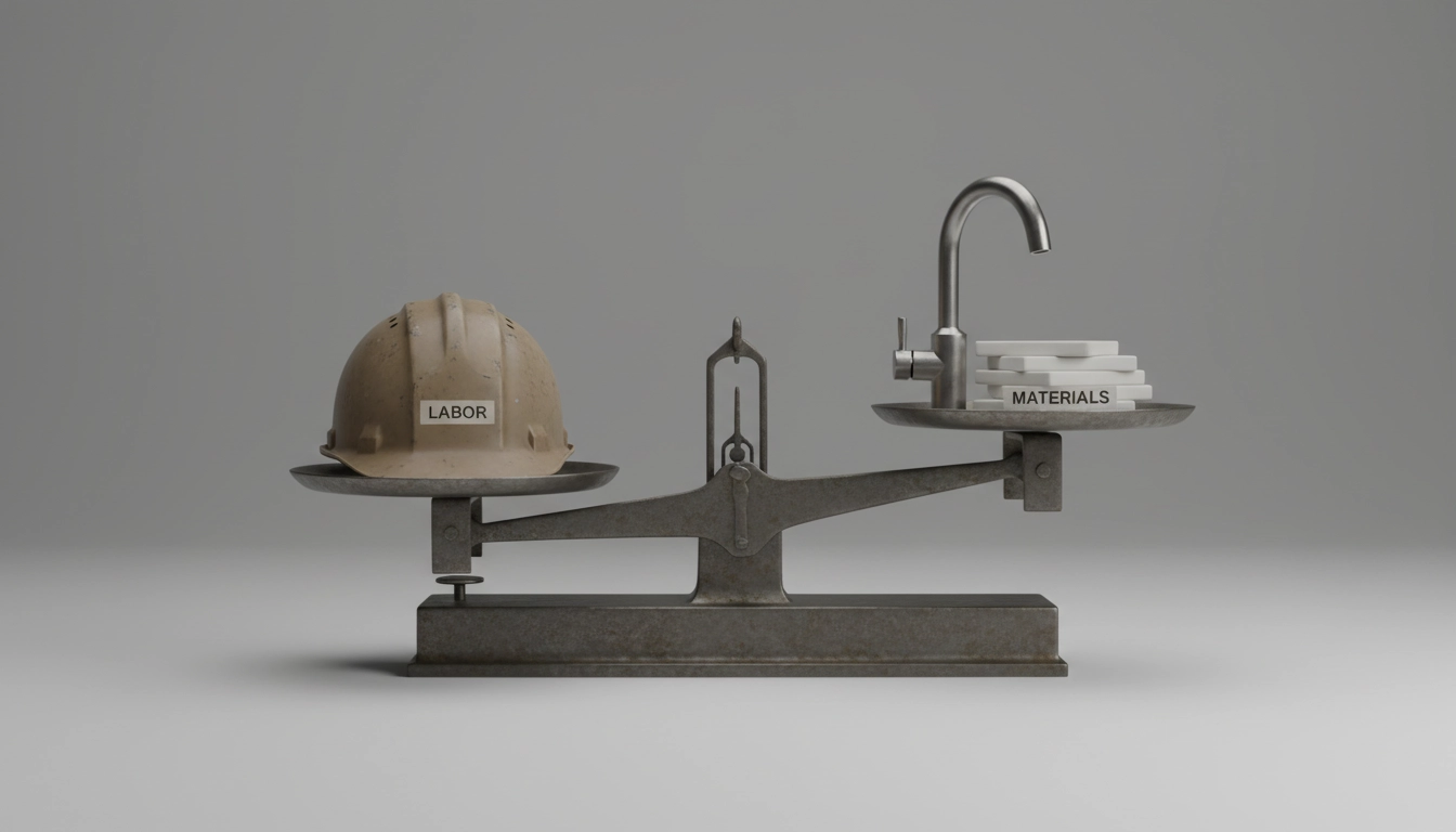 A conceptual image featuring a hard hat representing labor and a stack of tiles representing materials, balanced on a scale.